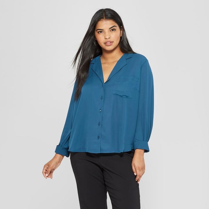 Women's Plus Size Long Sleeve Secretary Shirt - Who What Wear Blue