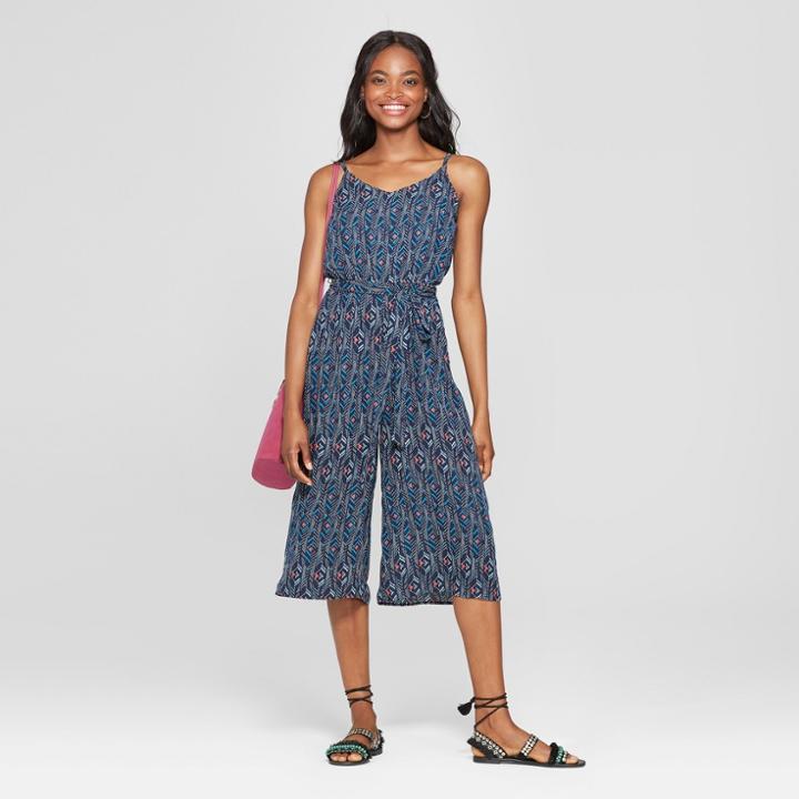 Women's Tribal Print Sleeveless Tie Waist Jumpsuit - Lily Star (juniors') Navy