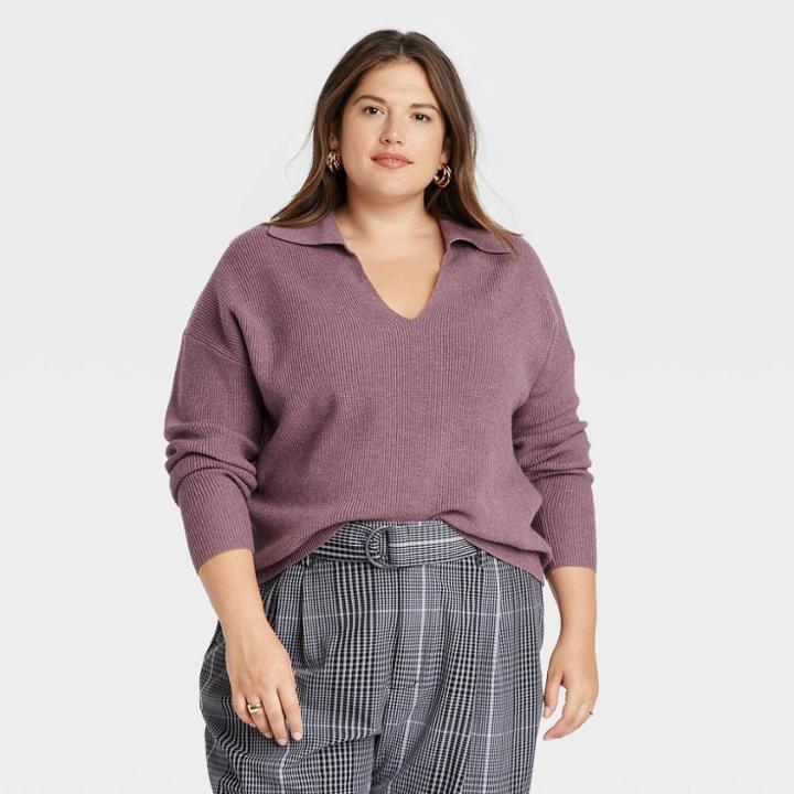 Women's Plus Size Collared Polo Ribbed Pullover Sweater - A New Day Purple