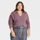 Women's Plus Size Collared Polo Ribbed Pullover Sweater - A New Day Purple