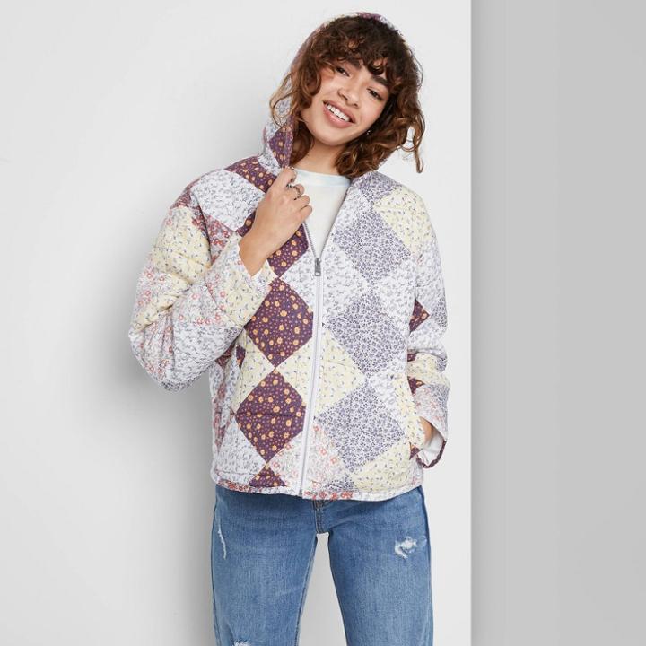 Women's Hooded Zip Front Patchwork Jacket - Wild Fable Floral