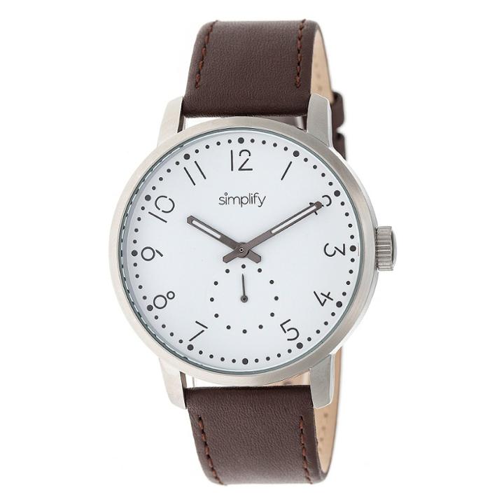 Simplify The 3400 Men's Leather-band Watch - Silver/white, Dark Oak