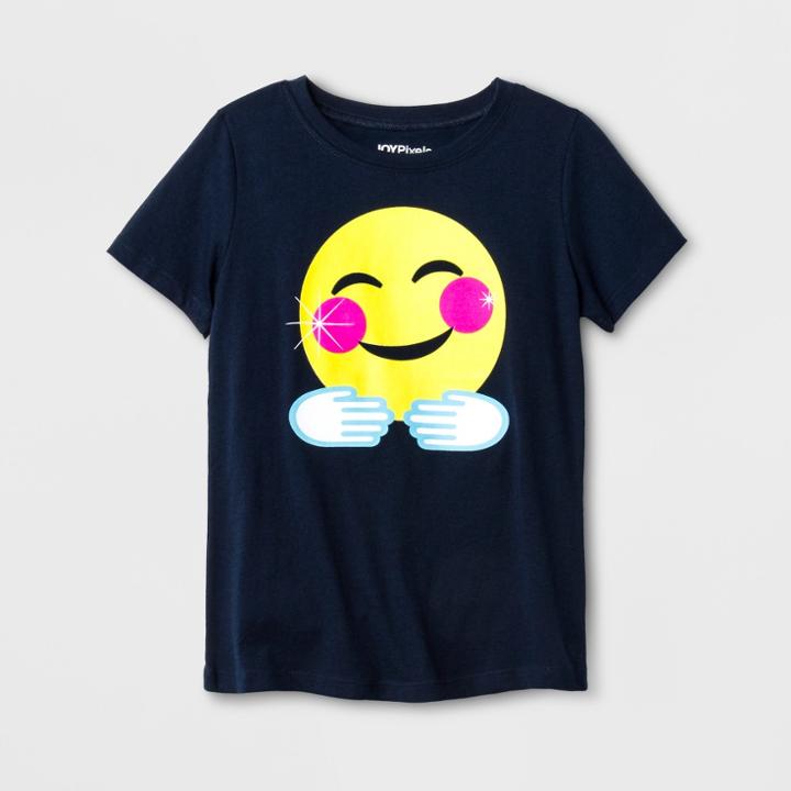 Girls' Emoji Smile Hug Face Graphic Short Sleeve T-shirt - Navy