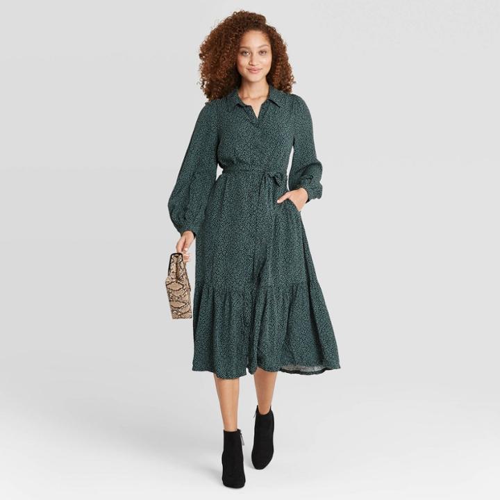 Women's Long Sleeve Tie Waist Shirtdress- A New Day Green