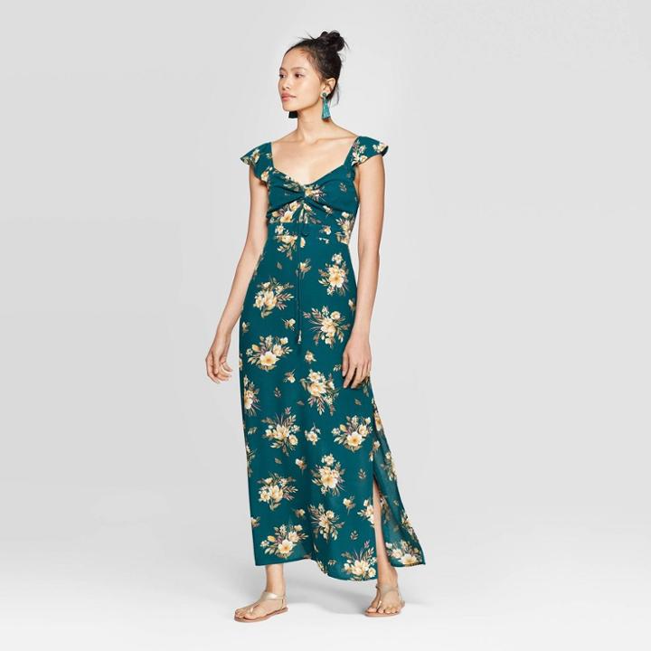 Women's Floral Print Flutter Short Sleeve V-neck Ruched Front Cutout Maxi Dress - Xhilaration Deep Teal