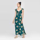 Women's Floral Print Flutter Short Sleeve V-neck Ruched Front Cutout Maxi Dress - Xhilaration Deep Teal