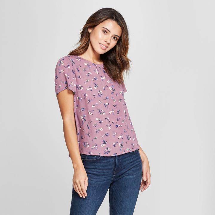 Women's Floral Print Short Sleeve Woven Top - Xhilaration Mulberry (pink)