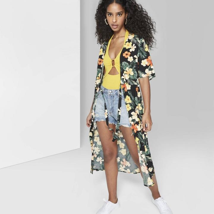 Women's Floral Print Waist Tie Duster Kimono Jacket - Wild Fable Black