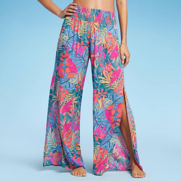 Women's Smocked Waist Side Slit Cover Up Pants - Kona Sol Multi Tropical Print