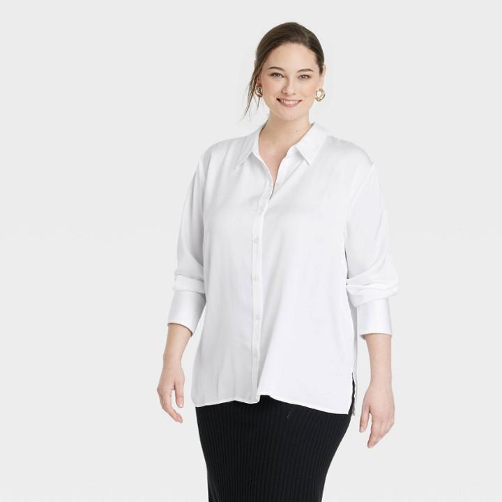 Women's Plus Size Long Sleeve Oversized Satin Button-down Shirt - A New Day White