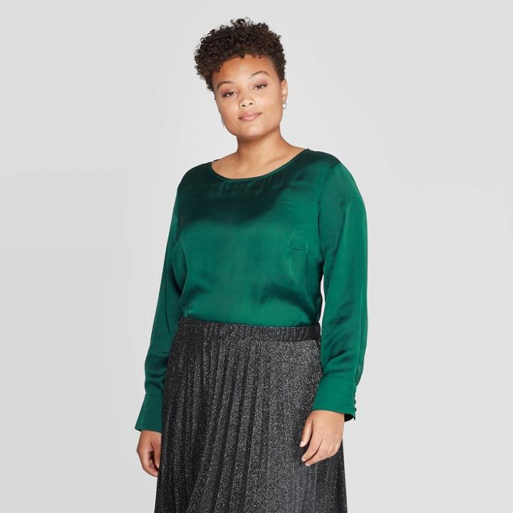 Women's Plus Size Long Sleeve Crewneck Shine Blouse - Ava & Viv Dark Green