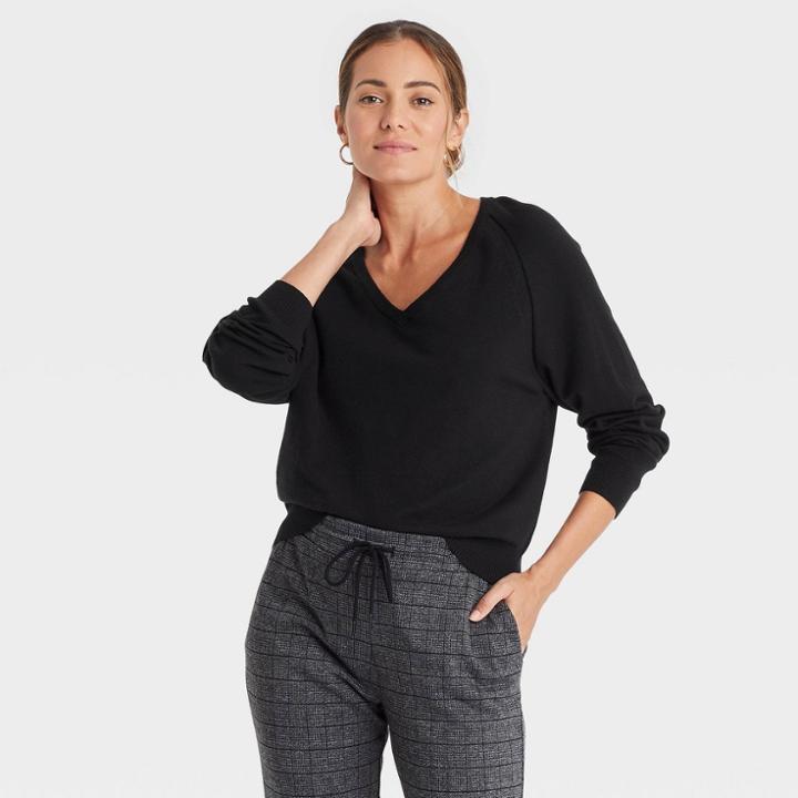 Women's Lightweight V-neck Pullover Sweater - A New Day Black