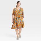 Women's Plus Size Flutter Short Sleeve Dress- Ava & Viv Copper Floral 3x, Brown Floral
