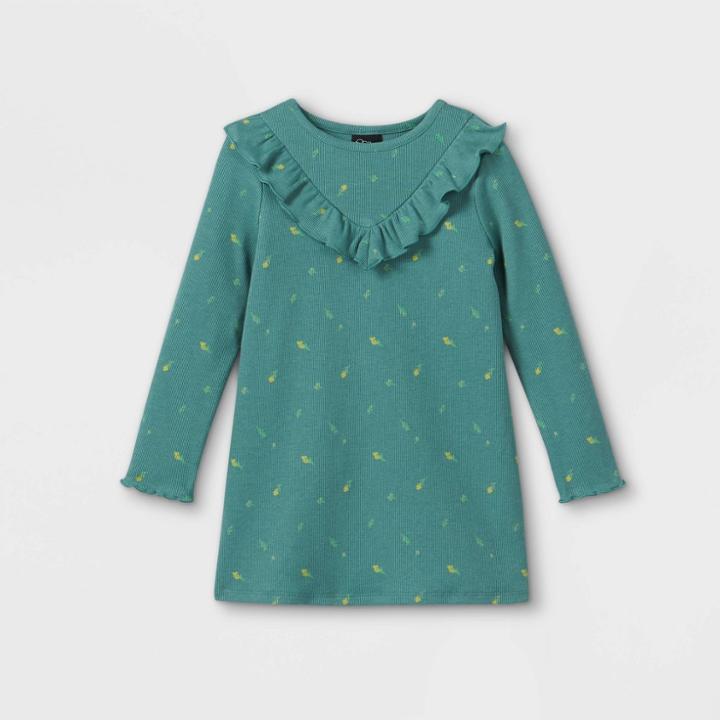 Toddler Girls' Ruffle Rib Long Sleeve Dress - Art Class Green