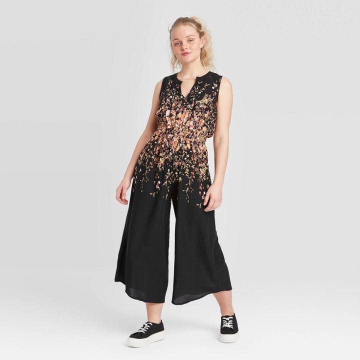 Women's Floral Print Sleeveless V-neck Smocked Waist Cropped Jumpsuit - Xhilaration Black