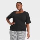Women's Plus Size Elbow Sleeve Asymmetrical Neck T-shirt - Who What Wear Black