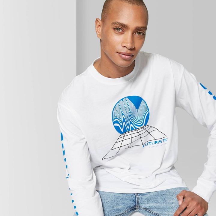 Men's Futuristic Landscape Long Sleeve Crewneck Graphic T-shirt - Original Use White