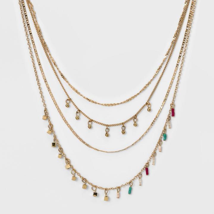 Target Seed Bead, Cube Bead And Round Bead Multi Row Layered Necklace - Gold