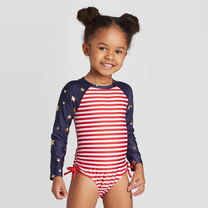 Toddler Girls' Starts And Stripes Long Sleeve One Piece Swimsuit - Cat & Jack Red