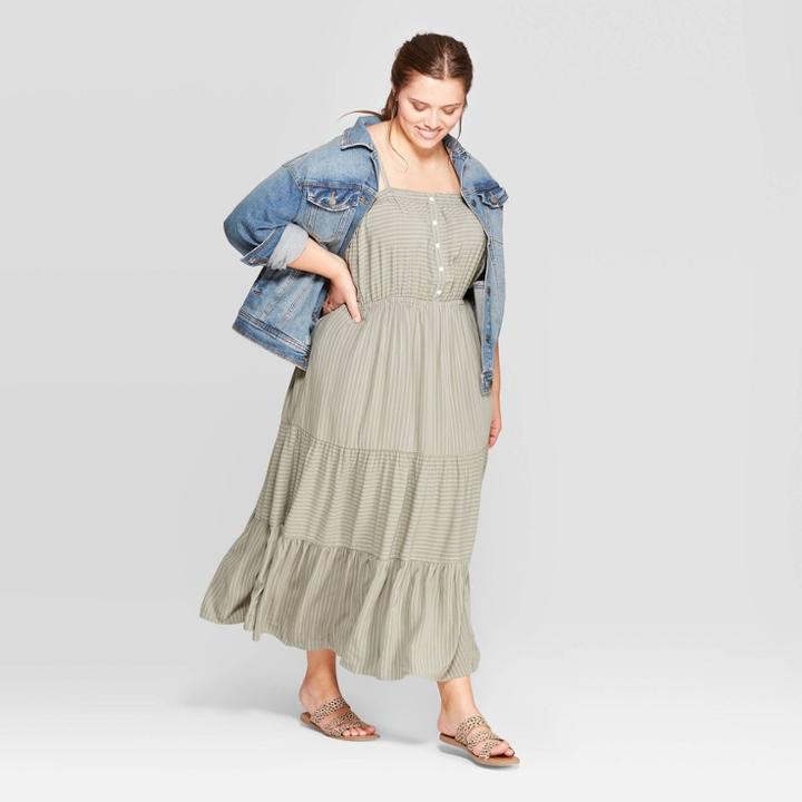 Women's Plus Size Pinstripe Sleeveless Square Neck Button Front Tiered Midi Dress - Universal Thread Green 2x, Women's,