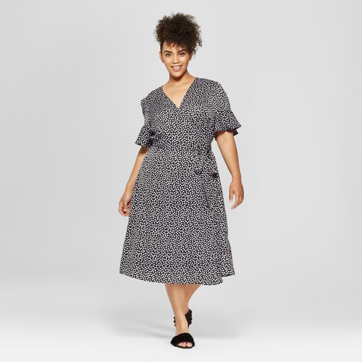 Women's Plus Size Polka Dot Short Sleeve Wrap Midi Dress - Who What Wear Black/white 4x, Black/white Polka Dot