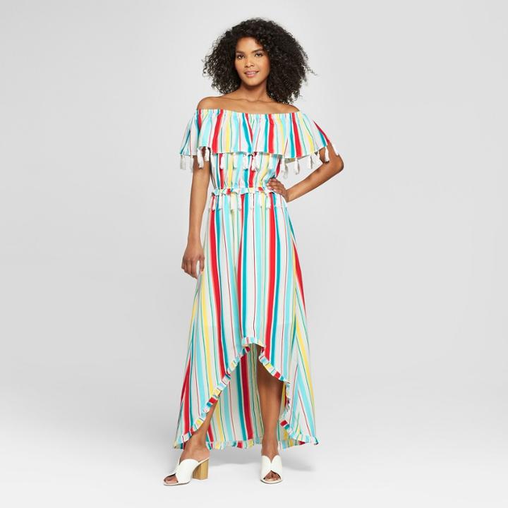 Women's Striped Off The Shoulder Tassel Ruffle Maxi Dress - Xoxo (juniors') Blue/white/red M,