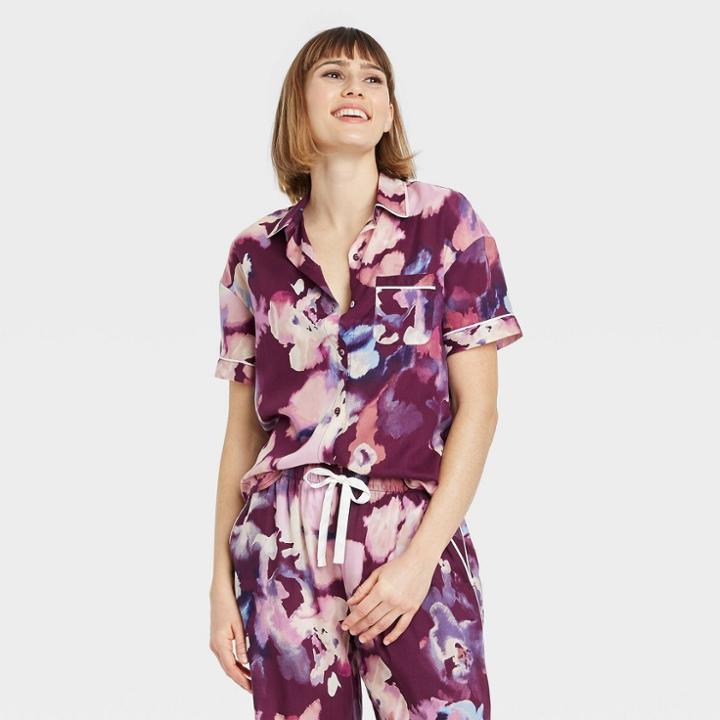 Women's Floral Print Simply Cool Short Sleeve Button-up Shirt - Stars Above Purple