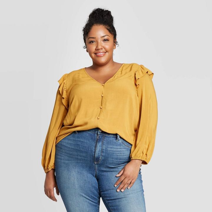 Women's Plus Size Long Sleeve Deep V-neck Double Ruffle Top - Universal Thread Yellow 1x, Women's,