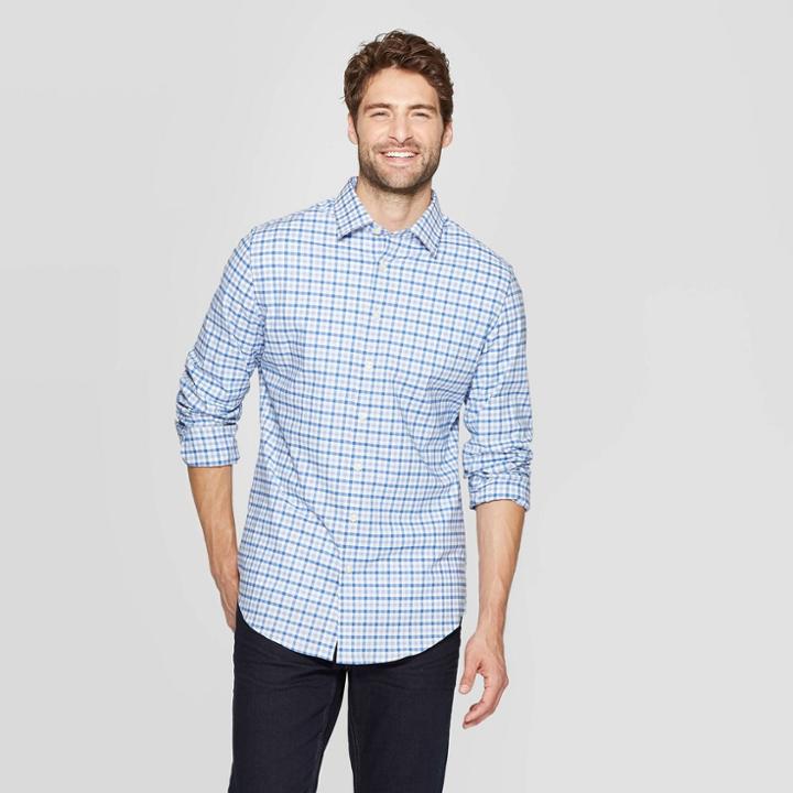Men's Plaid Slim Fit Long Sleeve Dress Button-down Shirt - Goodfellow & Co Blue S, Size: Small, Blue Plaid