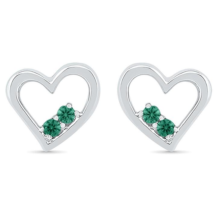 Target Created Emerald Prong Set Two-stone In Heart Earring In Sterling Silver, Girl's, White