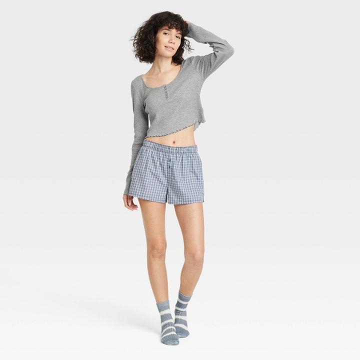 Women's Plaid Foldover Waistband Boxer Pull-on Shorts - Colsie Blue