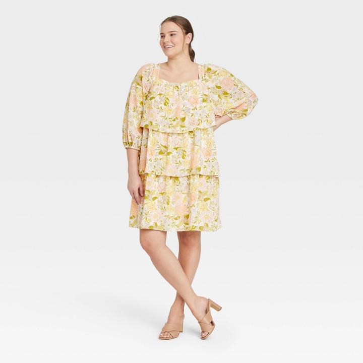 Women's Plus Size Bishop 3/4 Sleeve Dress - Who What Wear Beige Floral