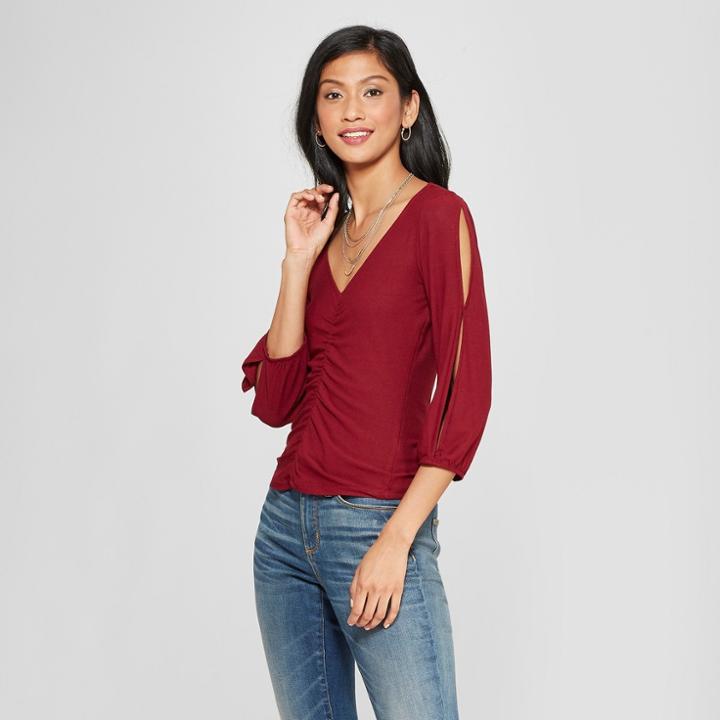 Women's Short Sleeve Ruched Front Top - Almost Famous (juniors') Wine