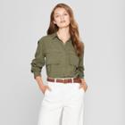 Women's Long Sleeve Utility Shirt - A New Day Olive (green)