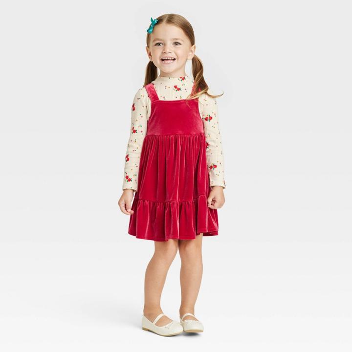 Toddler Girls' Floral Long Sleeve Top & Velour Tiered Skirtall Set - Cat & Jack Red