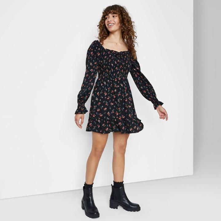 Women's Floral Print Long Sleeve Smocked Top Short Dress - Wild Fable Black