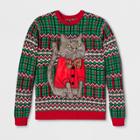 33 Degrees Men's Ugly Holiday Cat Bow Long Sleeve Pullover Sweater - Green