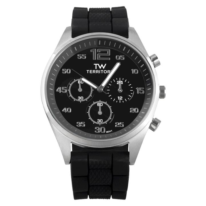 Men's Territory Intricate Round Face Silicone Strap Watch - Black