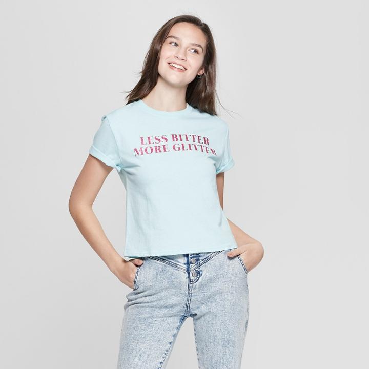 Women's Short Sleeve Less Bitter More Glitter Cropped Graphic T-shirt - Mighty Fine (juniors') Mint Green