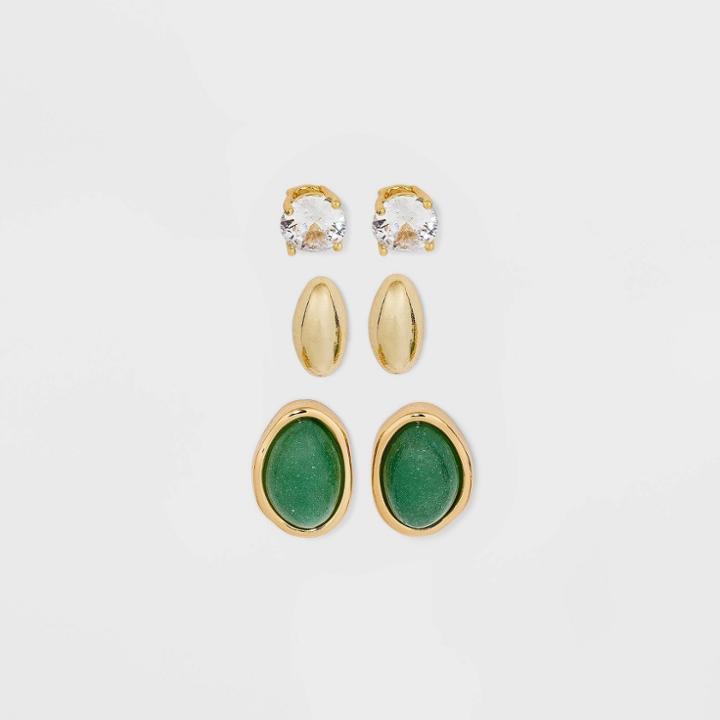 Gold Dipped Cubic Zirconia And Green Aventurine Stud Earring Set 3pc - A New Day
