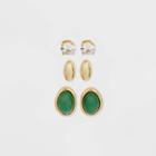 Gold Dipped Cubic Zirconia And Green Aventurine Stud Earring Set 3pc - A New Day