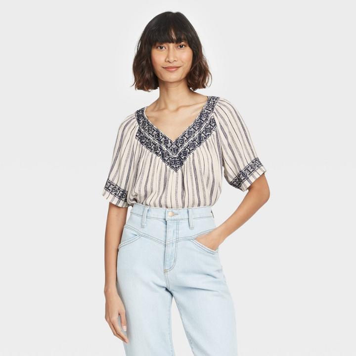 Women's Striped Short Sleeve Embroidered Top - Knox Rose Ivory