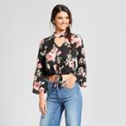 Women's Tie Front Choker Neckline Floral Long Sleeve Blouse - Soul Cake (juniors') Black