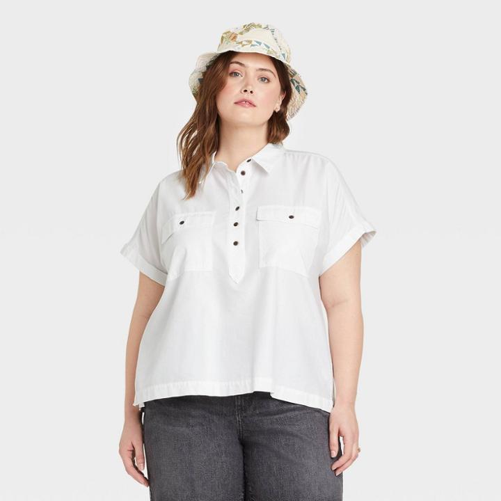 Women's Plus Size Dolman Short Sleeve Utility Button-down Shirt - Universal Thread White