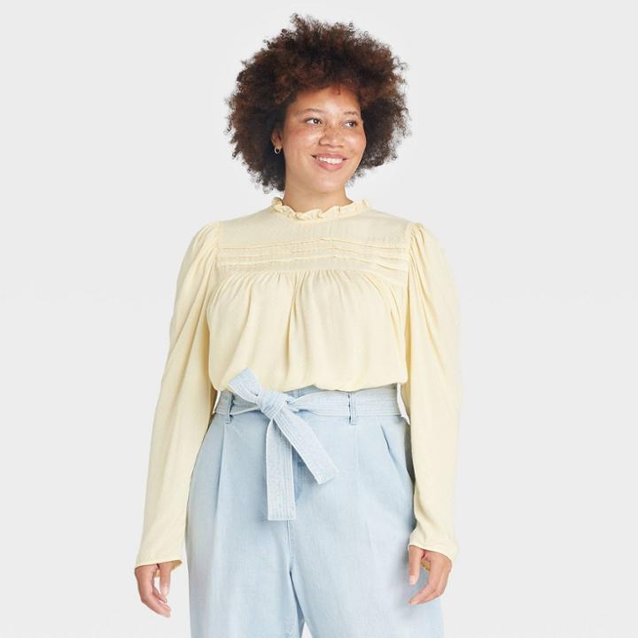 Women's Plus Size Long Sleeve Pintuck Top - A New Day Yellow
