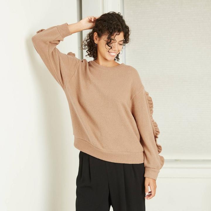 Women's Ruffle Sleeve Sweatshirt - A New Day Tan