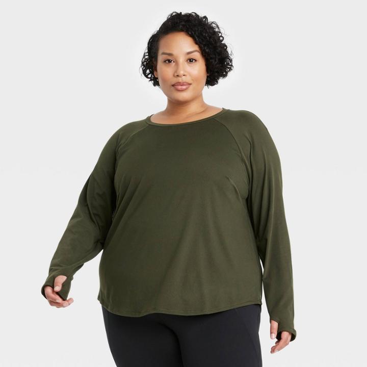 Women's Plus Size Essential Crewneck Long Sleeve T-shirt - All In Motion Olive Green
