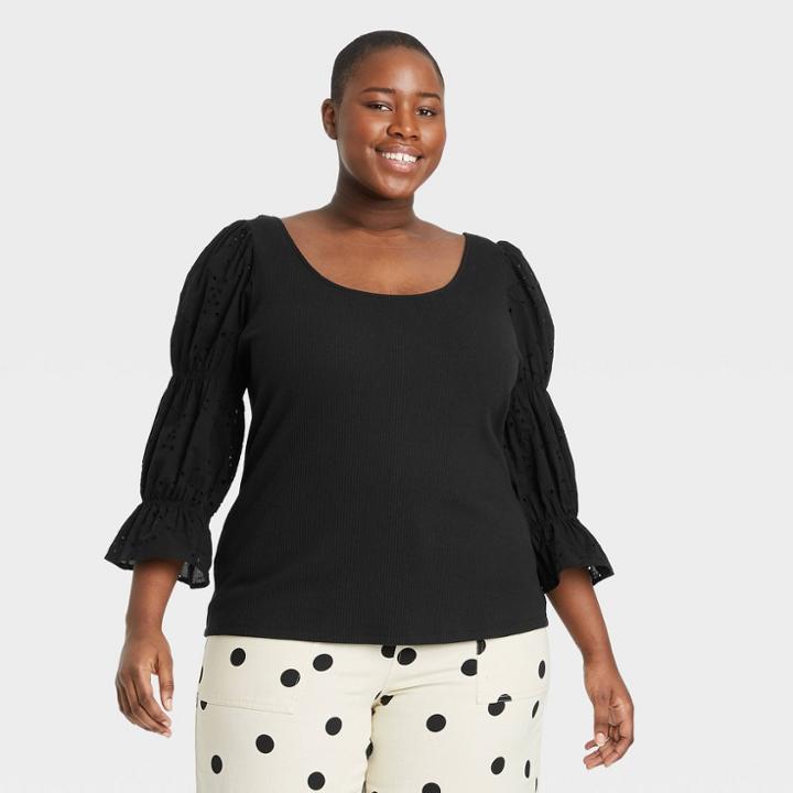 Women's Plus Size Puff 3/4 Sleeve Scoop Neck T-shirt - Who What Wear Black