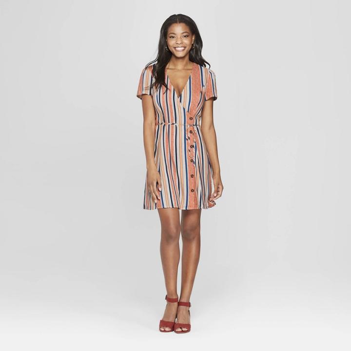 Women's Striped Short Sleeve Side Button Wrap Dress - Xhilaration Xl,