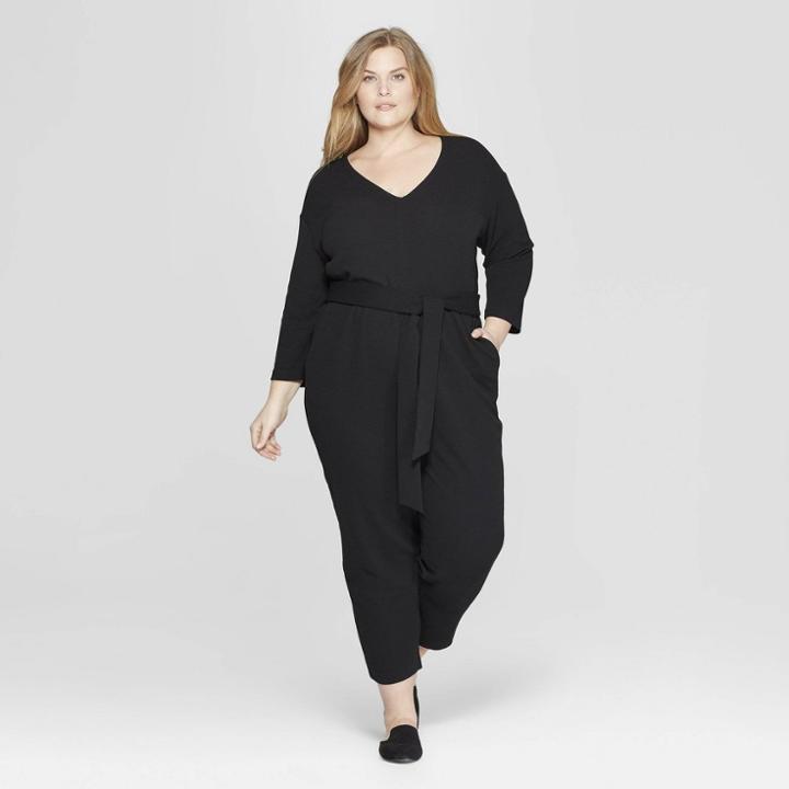 Women's Plus Size 3/4th Sleeve V-neck Belted Jumpsuit - Prologue Black